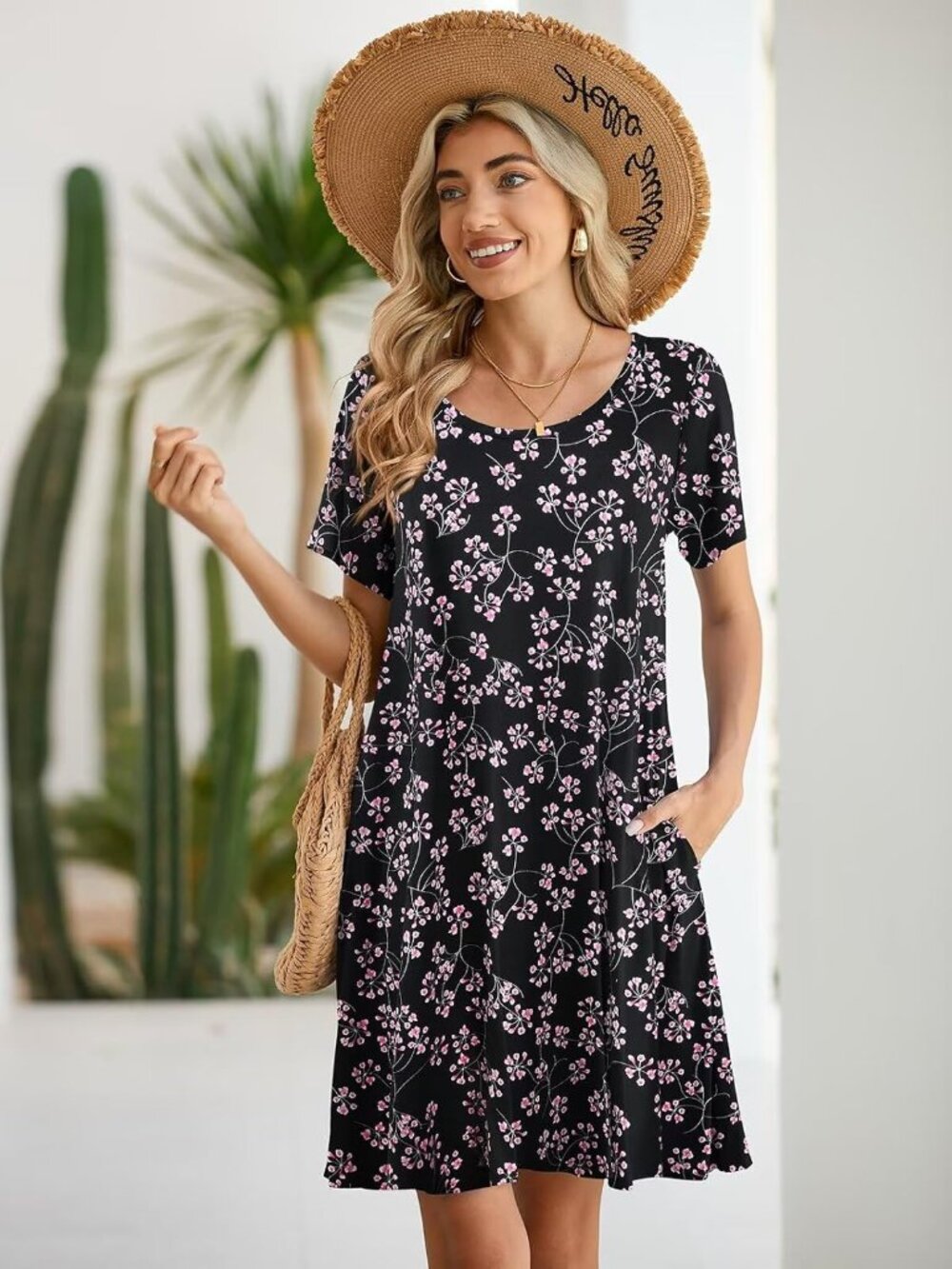 Women's Fushia Casual Loose Swing Tunic Short Sleeve Sun Mini Shirt Dress - Picture 3 of 6